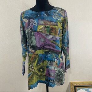 Vintage IOIO 100% Silk, Colorful Abstract Print Women's Top, Sz S
